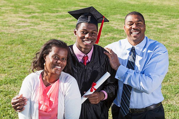 African American graduate (17 years) with proud parents (40s).