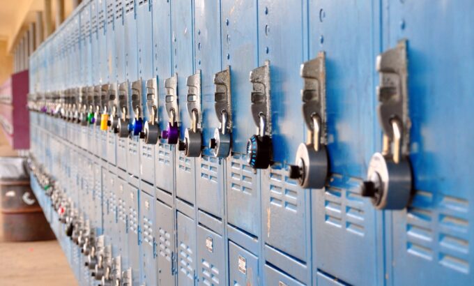 Bank,Of,School,Lockers,With,Colorful,Locks.